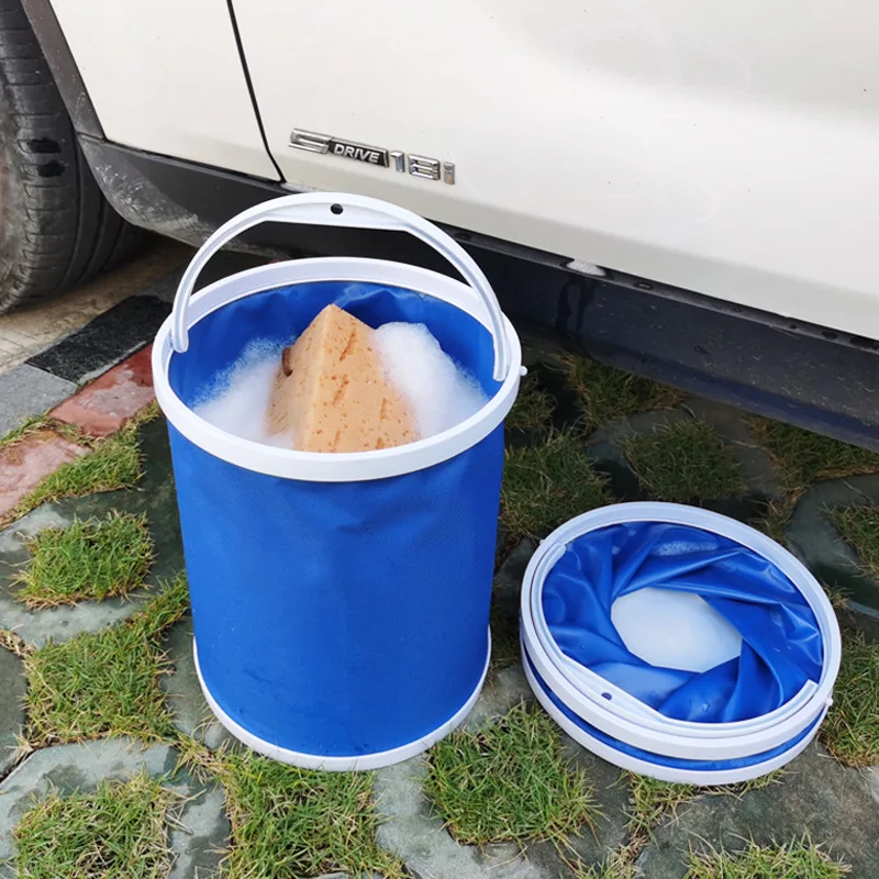 Foldable Bucket Portable Outdoor Plastic Handle Folding Bucket Fishing Bucket Blue