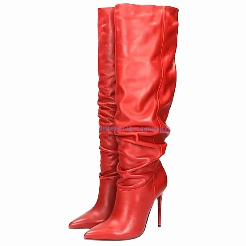 

New Long Pleated Red Boots Slip On Solid Stilettos High Heel Pointed Toe Women Leather Boots Knee High Shoes botas de mujer