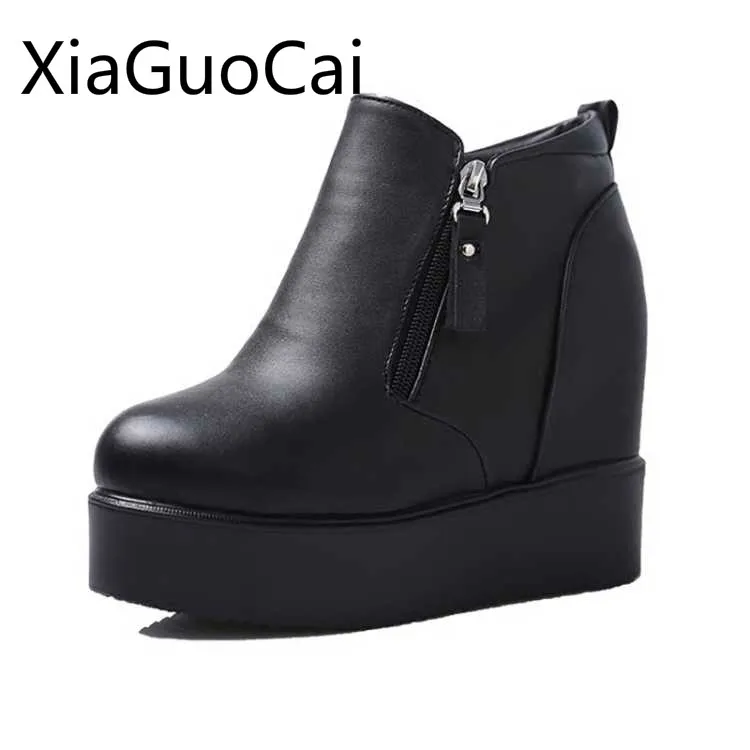 Increase Height Women\'s Platform Boots Spring and Autumn Solid Ladies Ankle Flat Boots Rubber Women Boots