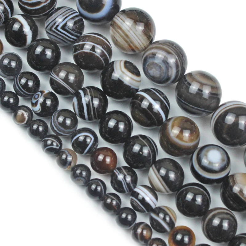 Natural Black White Stripe Agates Stone Round Loose Beads 4 6 8 10 12MM Pick Size For Jewelry Making DIY Bracelet Necklace