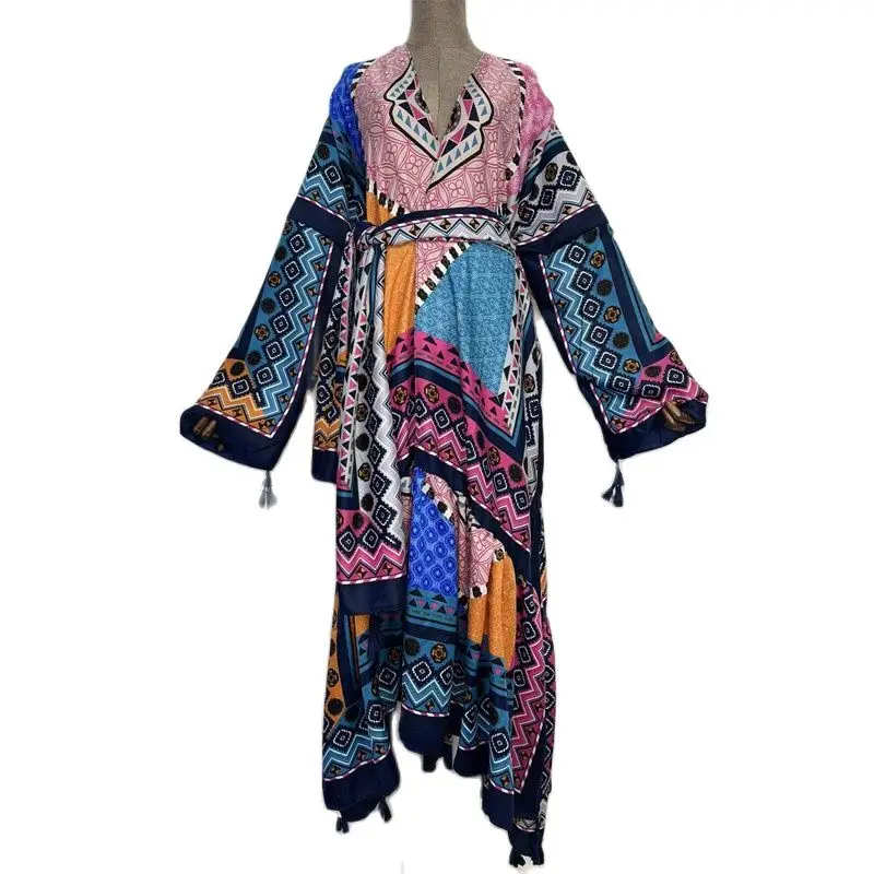 Europa WINYI donna kimono moda Vintage Totem floreale caftano stampa vita sigillo camicia Midi abito manica lunga abiti Casual