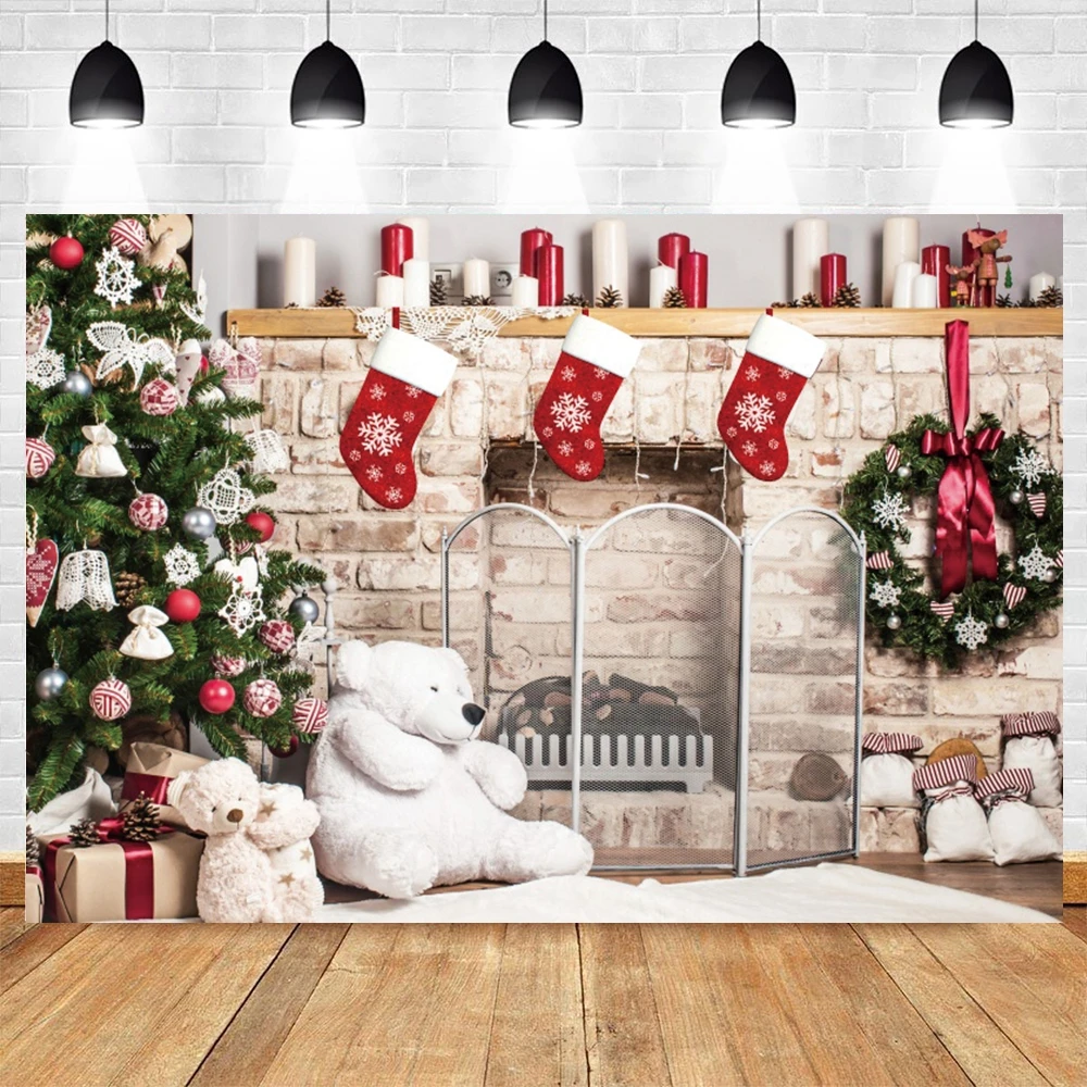 Christmas Fireplace Backdrops for Photography Xmas Tree Sock Gift Decorations Party Photo Background Pictures Photobooth Props