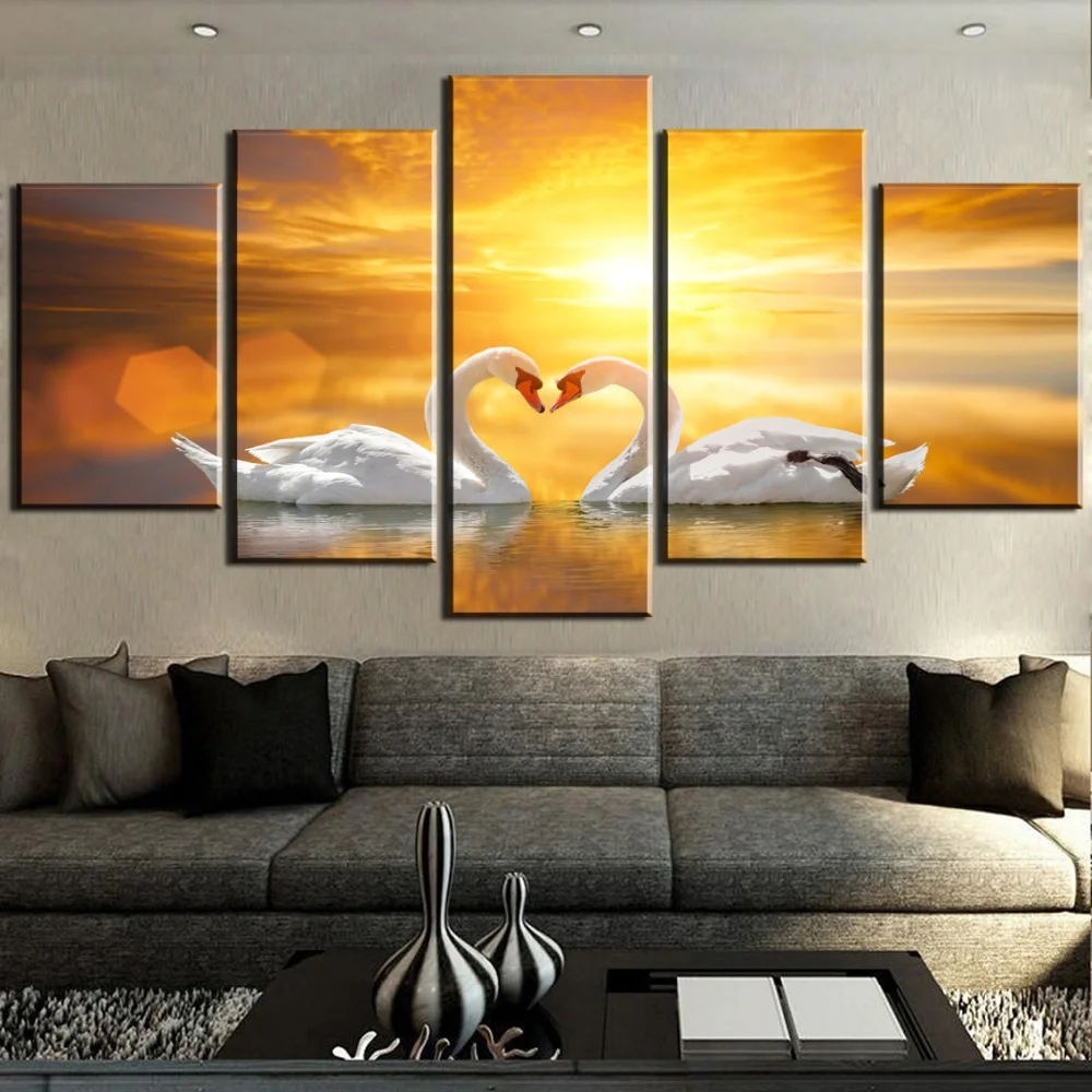 Canvas Painting HD Print Large 5 Panel Love Way Swan Pictures on Posters Wall Art For Living Room Home Decorations Accessories