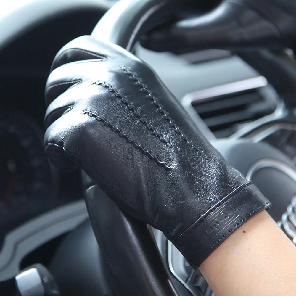 Real Leather Gloves Male Autumn Winter Thermal Plushed Lined Fashion Black Men Sheepskin Driving Gloves XXL Size M037NC