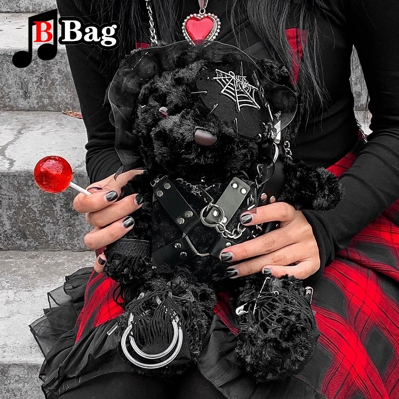 Handmade Gothic Lolita Bear Doll Bag Cool Blood Yandere Gloomy Shoulder Bags Punk Soft Girl Goth Halloween Cosplay Backpack Gift