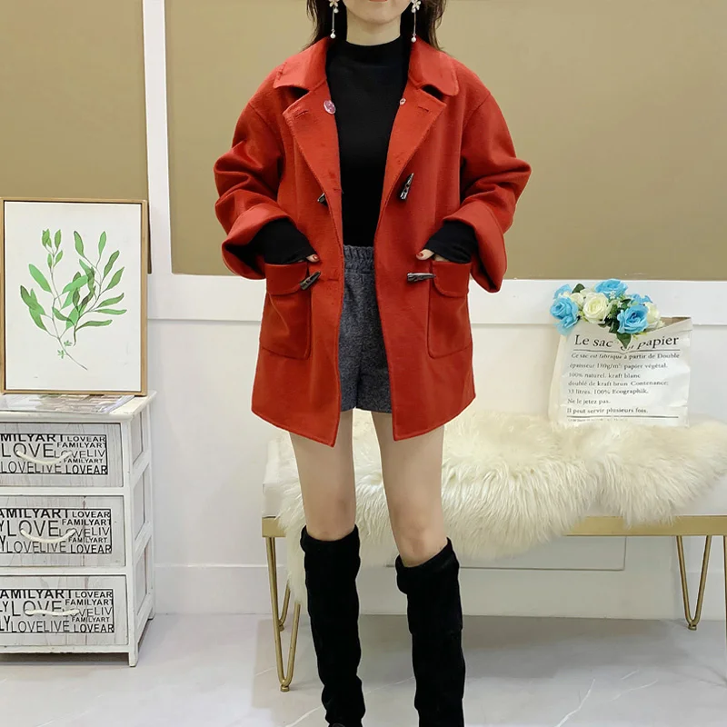 Horn Winter Button Coat Women Elegant Long Sleeve High Waist Wool Coat Fashion Pocket Wine Red Office Lady Overcoat Outerwear