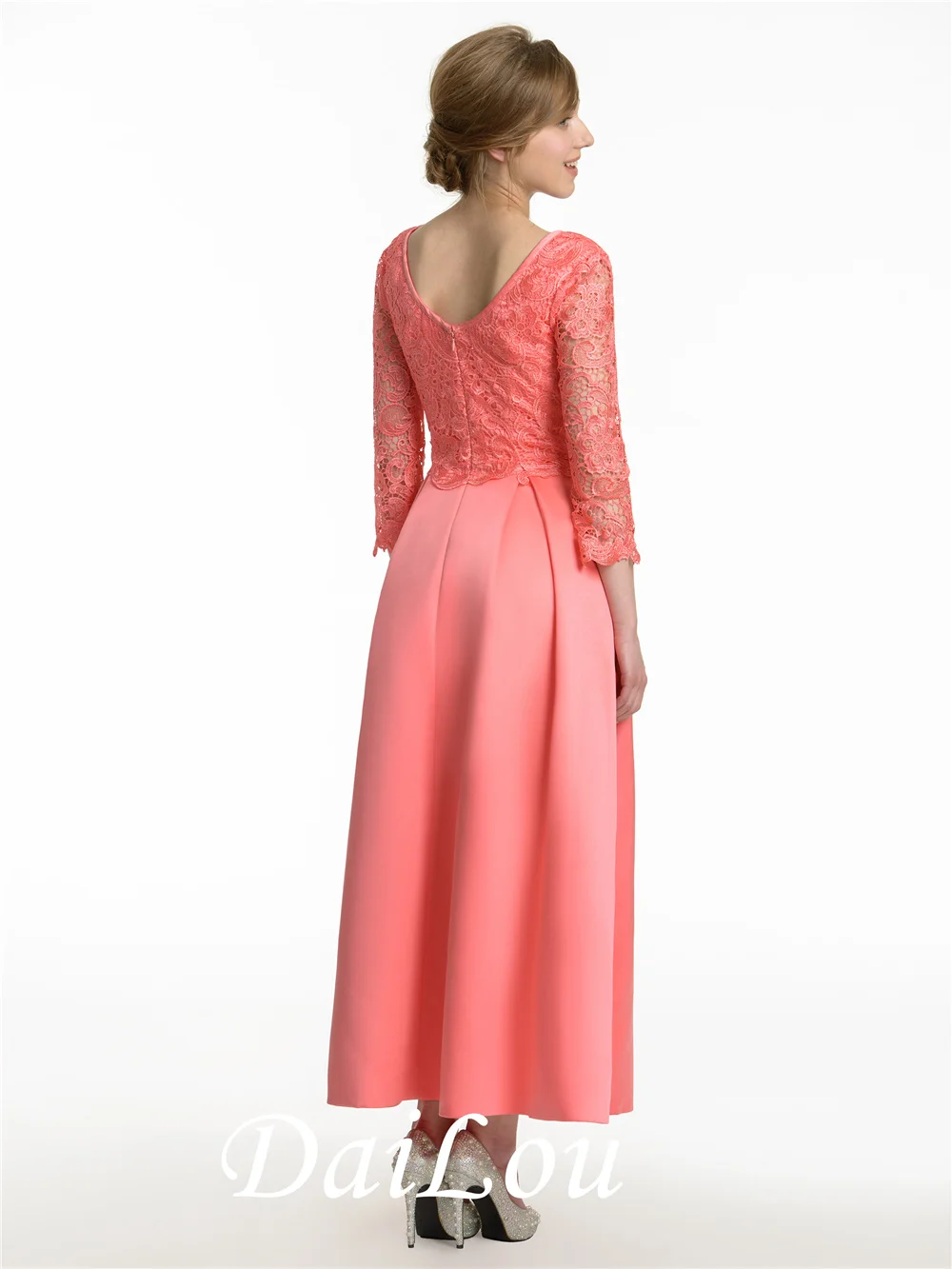 A-Line 3/4 Length Sleeve Ankle-Length Scoop Neck Lace Satin Latest Bridesmaid Dress 2022