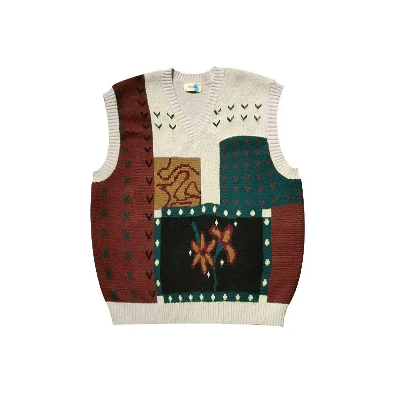 Woherb Women Harajuku Sweater Vest Autumn 2024 Korean Style Vintage Printed V Neck Sleeveless Pullovers Knitted Woman Sweaters