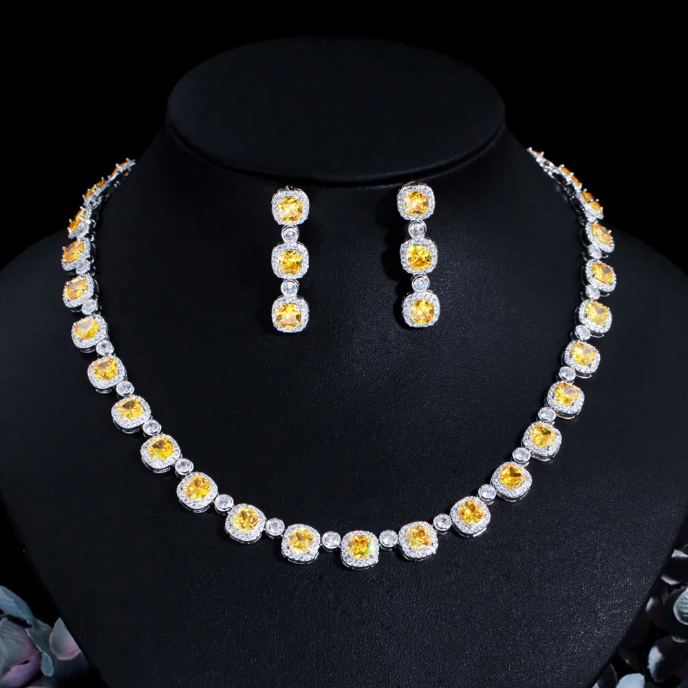 CWWZircons Super Shiny Square Yellow Cubic Zirconia Stone Bridal Necklace Jewelry Sets Luxury Wedding Banquet Accessories T590