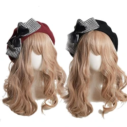 Plaid Big Bow Cute Beret for Women Handmade Autumn Winter Street Style Solid Wool Hats Beanie Cap