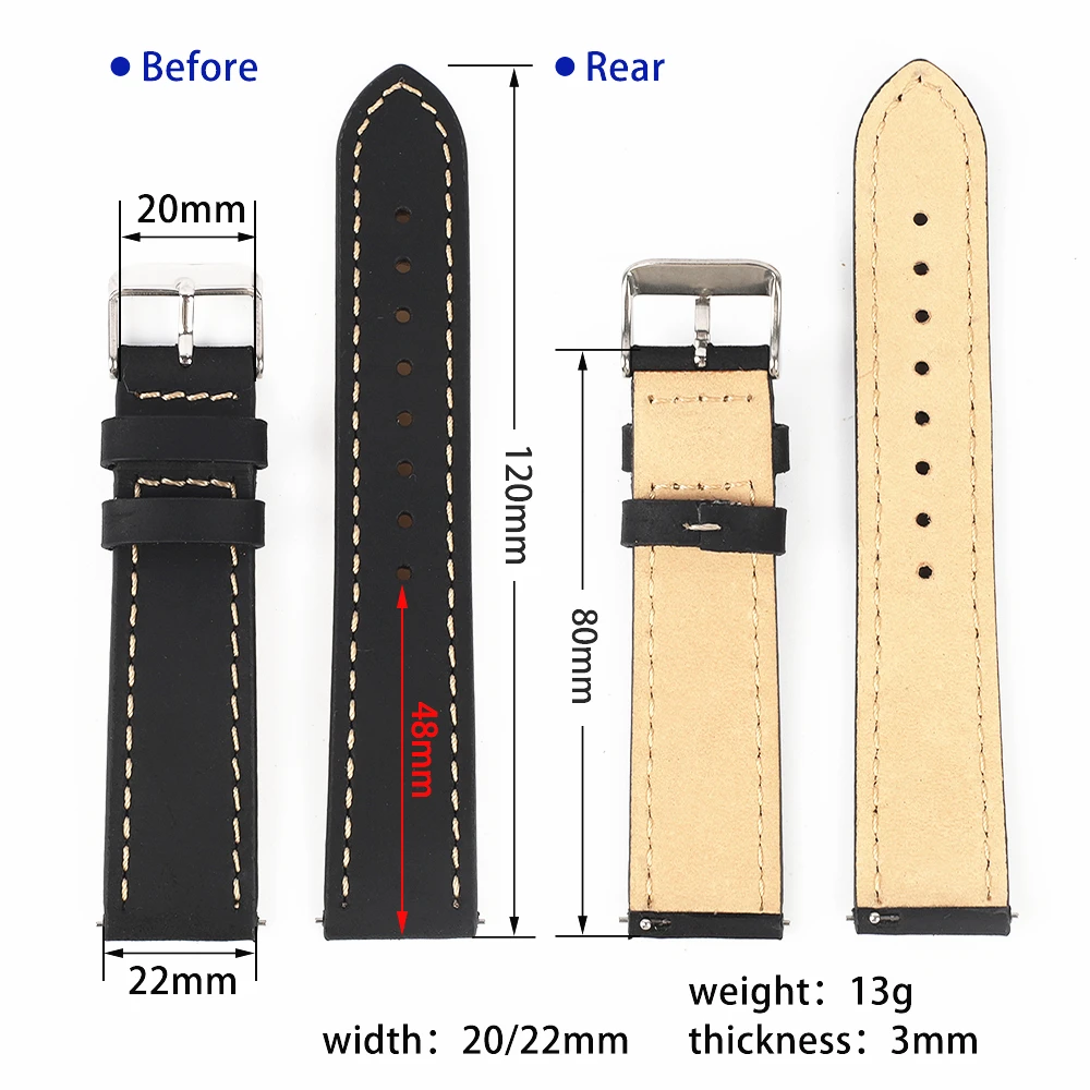 Retro Genuine Leather Watchband 20mm 22mm Black Cofffee Watch Band Stainless Steel Buckle Quick Release Strap Belt for Men