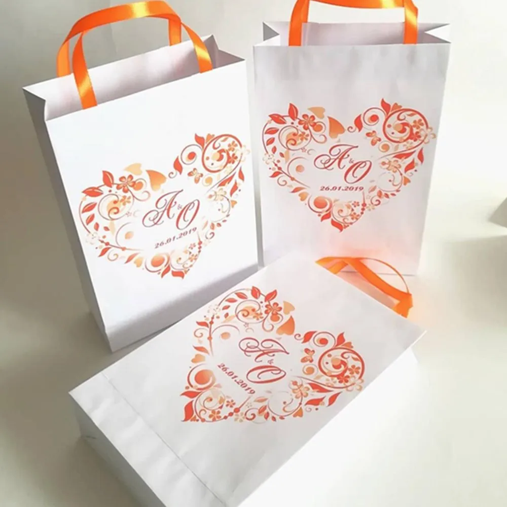 Personalized Paper gift Bag with satin ribbon   Wedding  welcome  Paper Bags and text for your party guests birthday paper bag