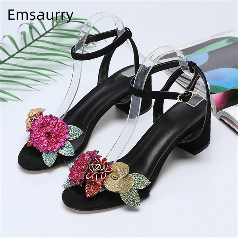 Crystal Sequins Flower Gladiator Sandals Women Black Suede Hoof Heel Ankle Strap Rhinestone Summer Sandalias Mujer