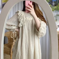 Women Autumn Long Sleeve Vintage Long Dress Cotton Ladies Lace Ruffle Square Collar Straight Maxi Dresses Loose Plus Size