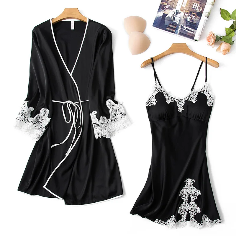 Autumn winter new sleepwear womans silk V-neck sexy lace robe + nightdress home service suit 2 sets