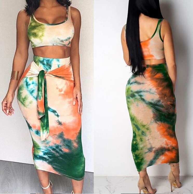 2Pcs Women Set Clothes Sleeveless Crop Top Bandaged Tie-dye print Vest Top+Skirt Ladies Summer Fashion Streetwear Clubwear