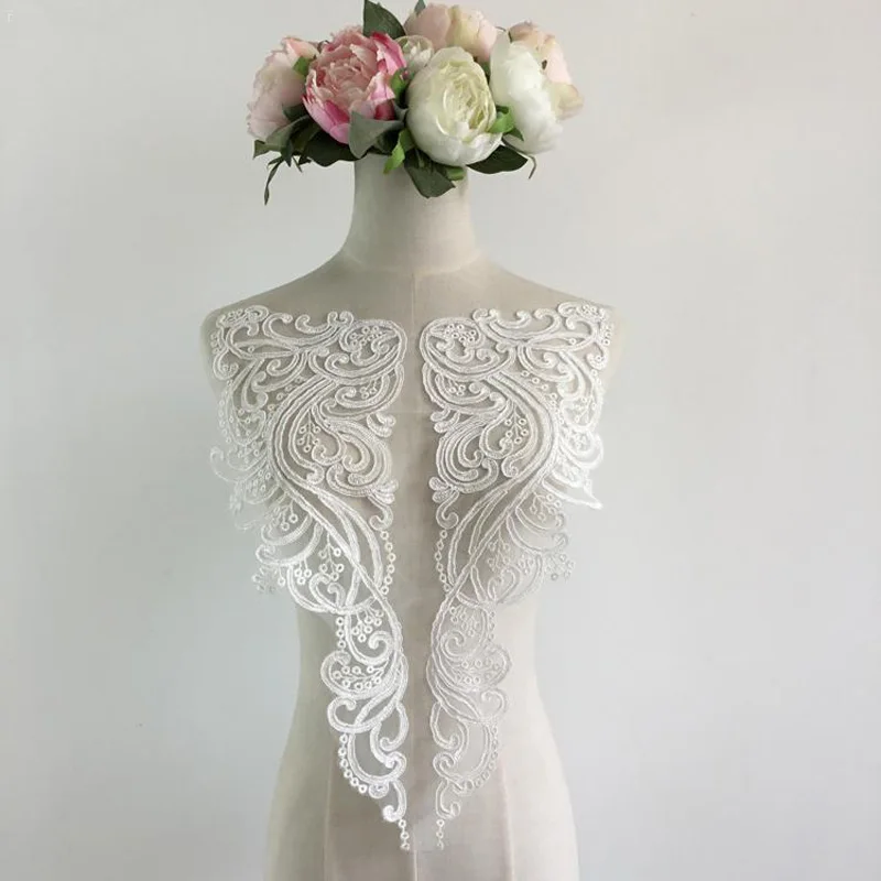 1Piece Ivory White Black Lace Applique Neckline Collar Appliques Embroidery Lace Trim Fabric Cloth Sewing Patchwork DIY RS1400