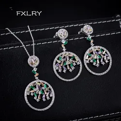 FXLRY Luxury White Color/Multi Color CZ Zircon Pendants Necklace And Earrings Sets For Women Brincos Bijoux Wedding Jewelry