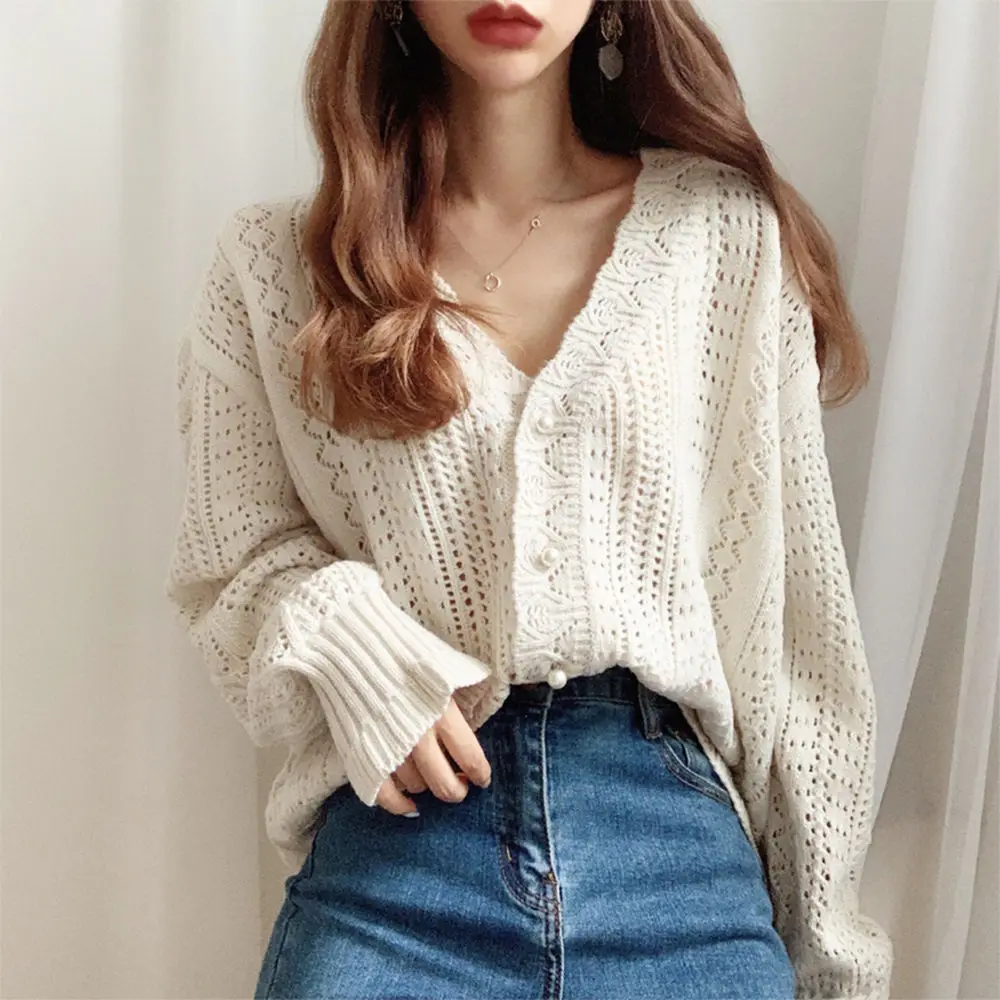 2020 Women Spring Summer Sweater and Cardigans Low V-Neck Knit Tops Long Sleeve Hollow Out Sexy Cardigan Loose White Tops