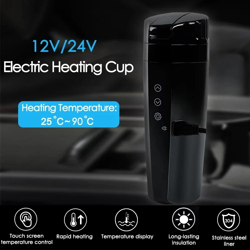 Portable 12V/24V Car Electric Cup Water Heating Home Digital Display Insulation Mug Universal Leakproof Boiling Coffee Travel