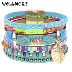 WELLMORE colorful bohemia bracelets for women leaf stone beaded leather bracelet charm Bracelets Female fashion Jewelry