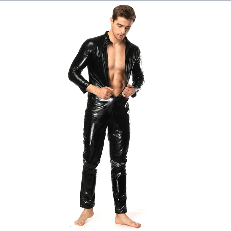 S-4XL Wet Look Catsuit Long Sleeve Close Zipper Open Crotch Bodysuit Sexy Tights Jumpsuit Mens Hot Shapers Leotard Body Clubwear