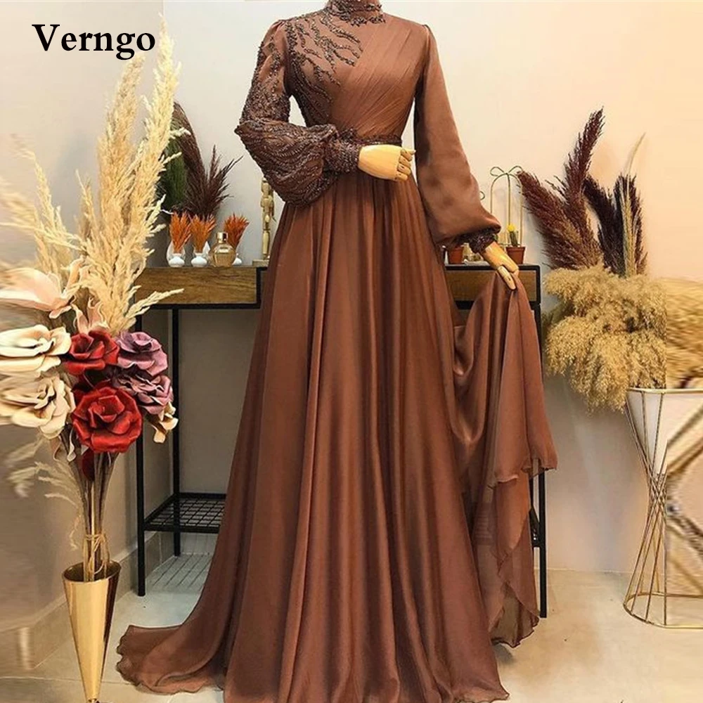 Verngo modesto café seda chiffon puff mangas compridas árabe vestidos de baile alta pescoço rendas contas a linha feminina formal vestidos noite