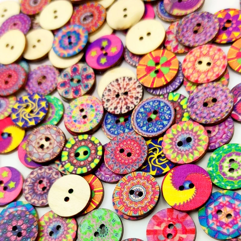 100Pcs Multicolor Retro Pattern Wooden Buttons For Handwork Sewing Scrapbook DIY Crafts Clothing Accessories Gift Card Decor