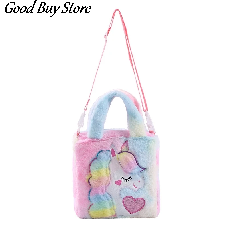 Bolsa de ombro de unicórnio de desenho animado, bolsa de cintura de pelúcia para crianças, totes de animais coloridos, fashion, bolsa de inverno para meninas