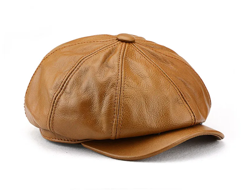 Casual octagonal hat Genuine Leather Hat Autumn Men's Cowhide Leather Beret Elegant Fashion Student Tongue Cap Snapback Caps For