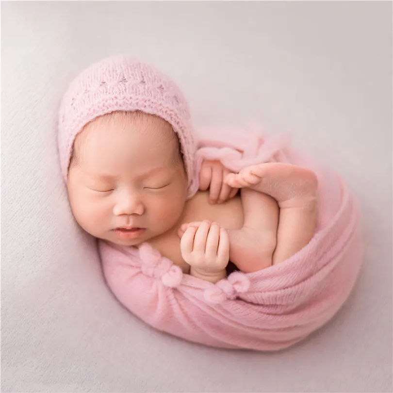 Set topi dan bungkus kelinci untuk bayi, properti foto alat peraga fotografi bayi baru lahir, Selendang Bonnet rajut