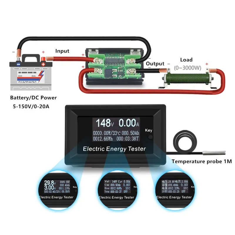 Tester Baterai Kepala Pengukur Arus/Tegangan DC Tampilan Digital Penguji Kapasitas Baterai Lithium Daya Kendaraan Listrik