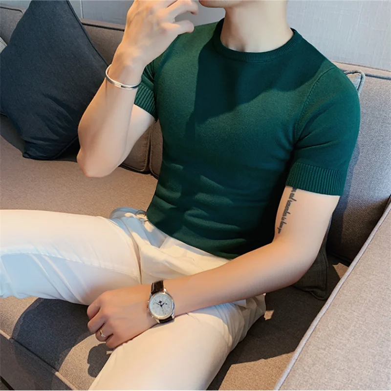 Summer Top Men Thin Slim Fit T-shirt 2021 Knitted Short Sleeves Solid Color Sweater Pullover T Shirt Slim Knitted Tees Top Homme