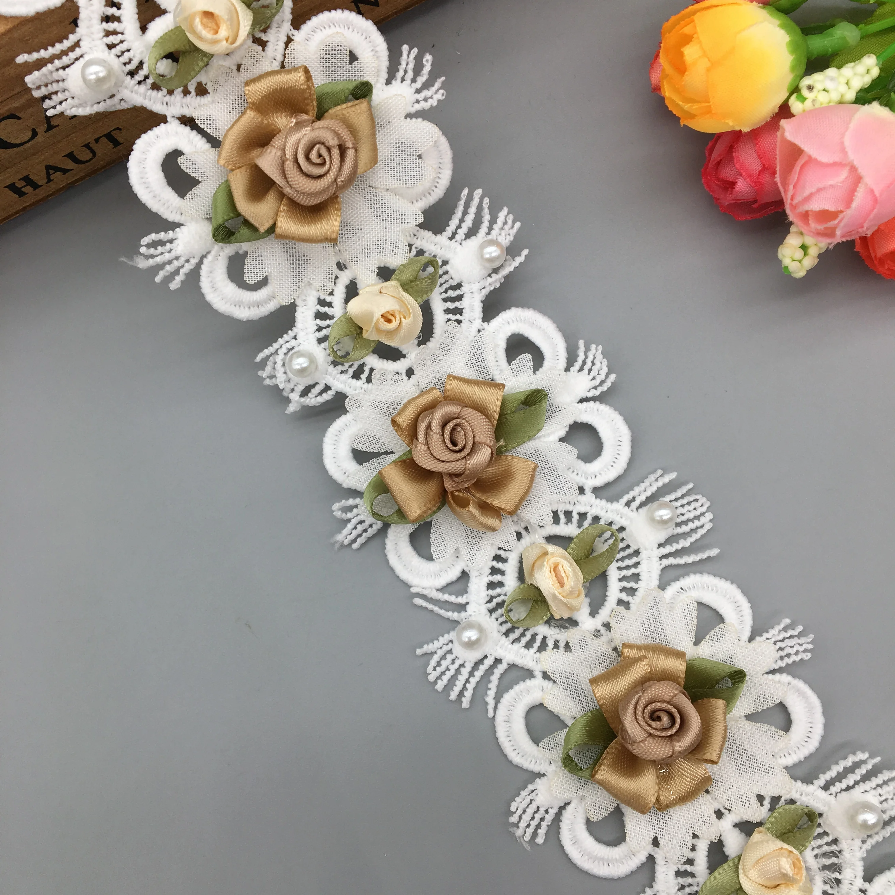 

1 Yard White Soluble Polyester Coffee 3D Flower Pearl Lace Trim Fabric Wedding Embroidered Handmade Lace Ribbon DIY Sewing Craft
