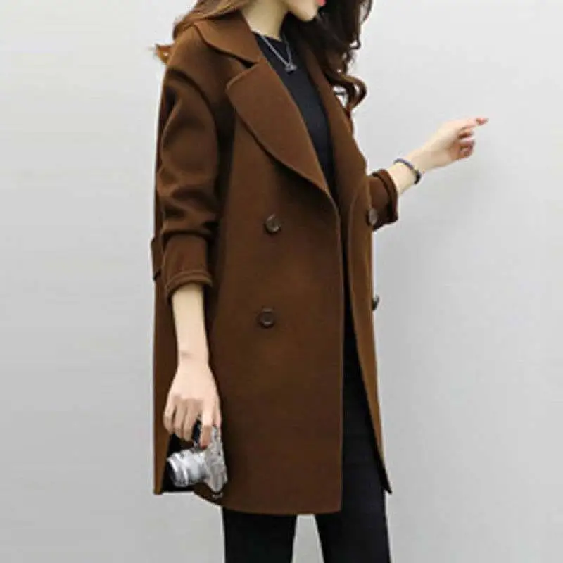 

Hot Autumn Winter Women Casual Coats Turn-down Collar Warm Long Sleeve Slim Lapel Cardigan Outwear Black Double Breasted Coat