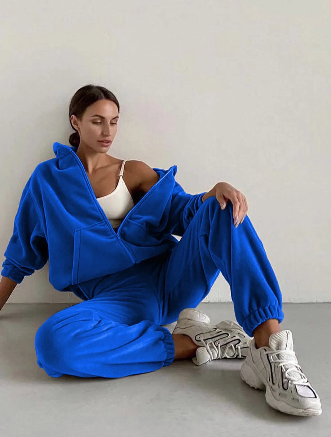 Casual Women Fleece Hoodie Two Piece Sets Hooded Zipper Outerwear And Harem Pant Suit Fall Winter Fashion Streetwear Tracksuit