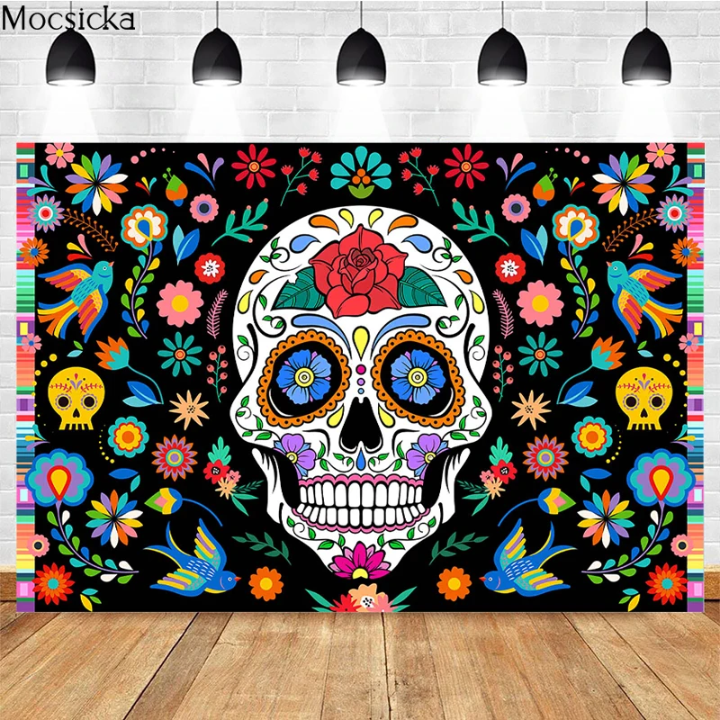 

Mocsicka Day Of The Dead Photography Background Skull Death Pattern Decoration Props Mexico Carnival Photo Backdrop Studio