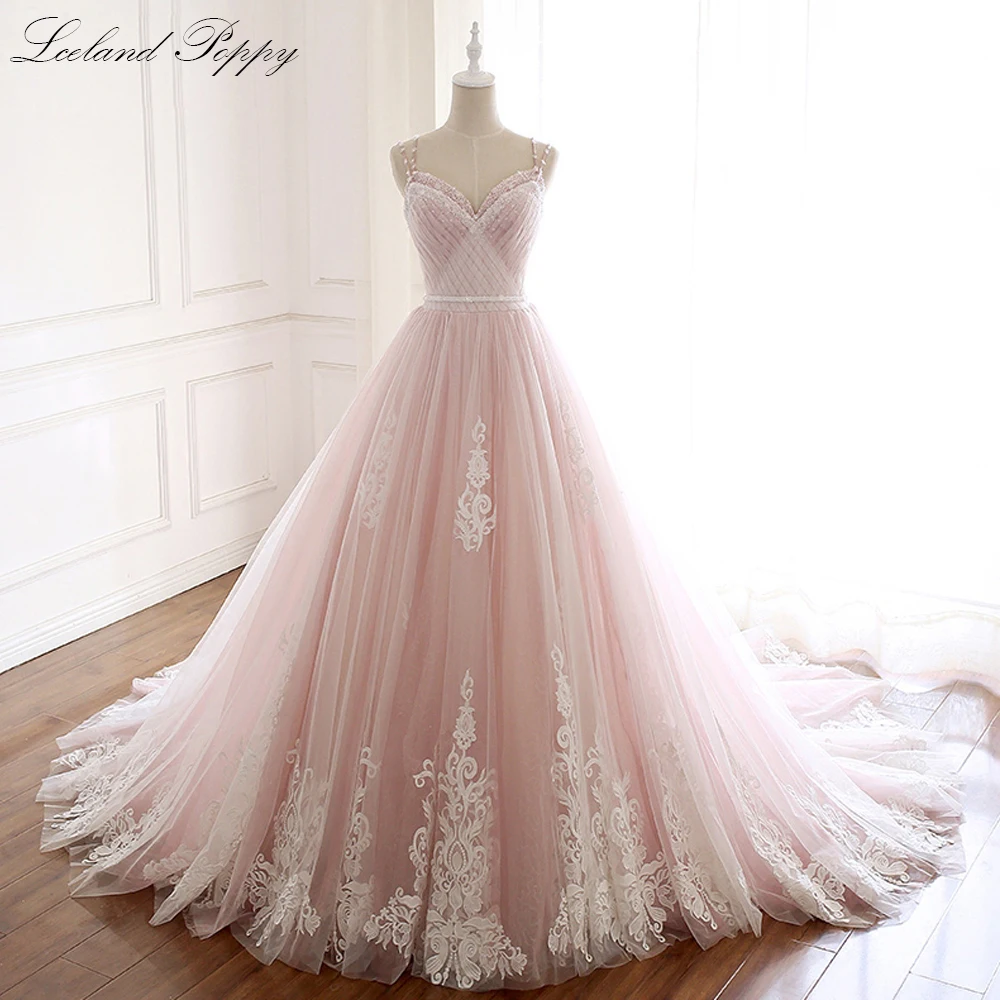 

Lceland Poppy A-line V-neck Beaded Pink Wedding Dresses Lace Appliques Sleeveless Vestido de Novia Pleated Bridal Gowns