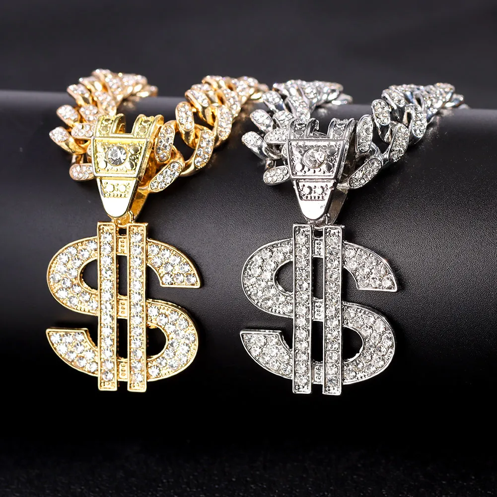 Bling Strass Dollar Anhänger Halskette Für Männer Silber Farbe Iced out 13mm Kubanischen Kette Choker Halsketten Hiphop Rap Rock schmuck – Detail 4
