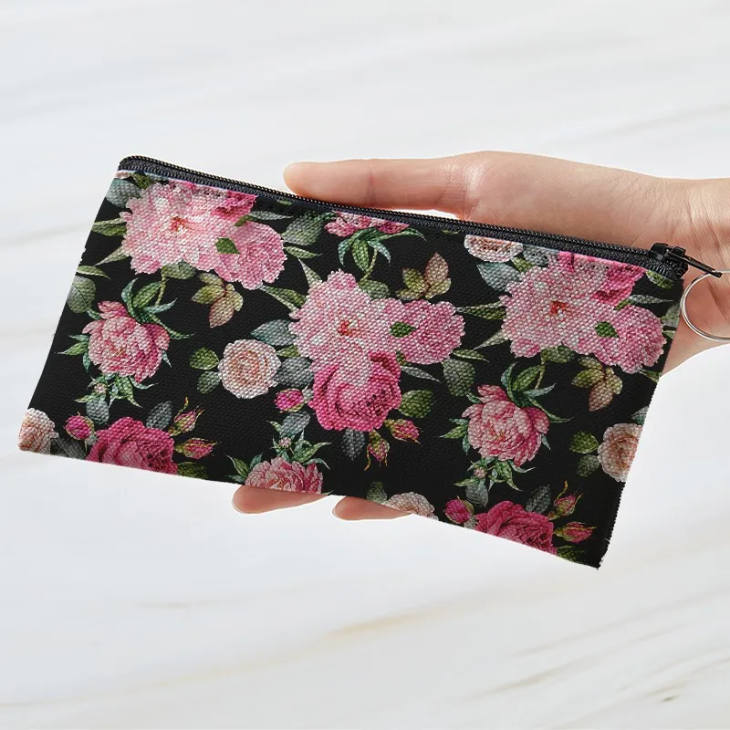 NEW Women Fashion Pink Flowers Coin Purse Girls Canvas Wallet Money Pouch Lipstick Air Cushion  Lady Small Bag  With A Zipper