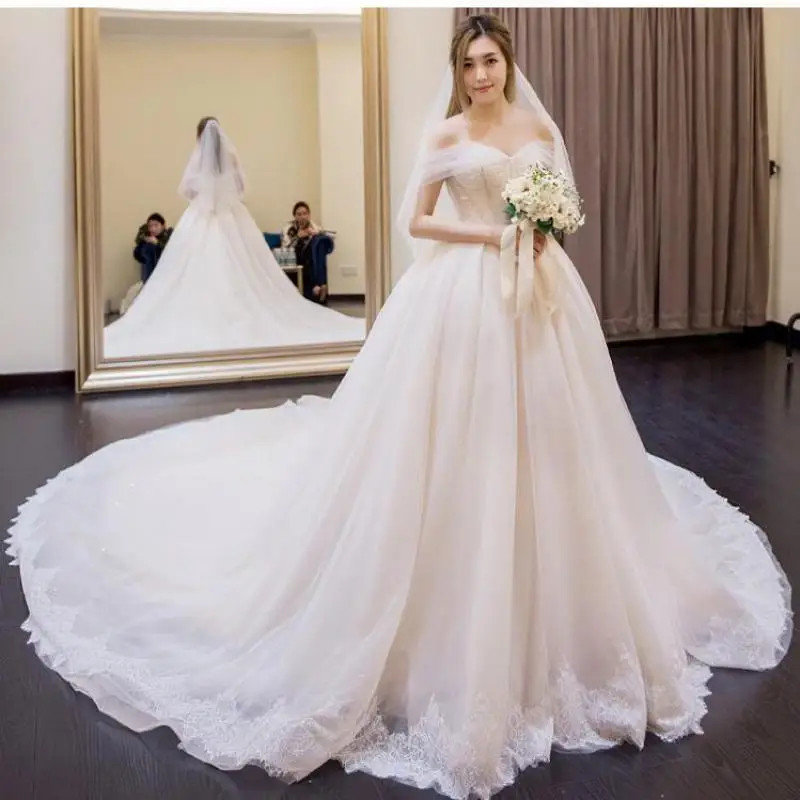 2022 hochzeit Kleid Weg Von Der Schulter Vestido De Noiva Brautkleid Zug Braut Tüll Mariage Klar Lager Größe 6