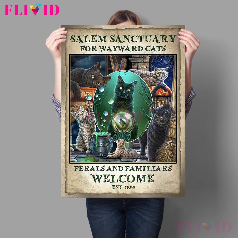 Vintage Salem Cats Wall Art European Witchcraft Posters And Prints Cat Witch Canvas Prints For Living Room Decoration Painting