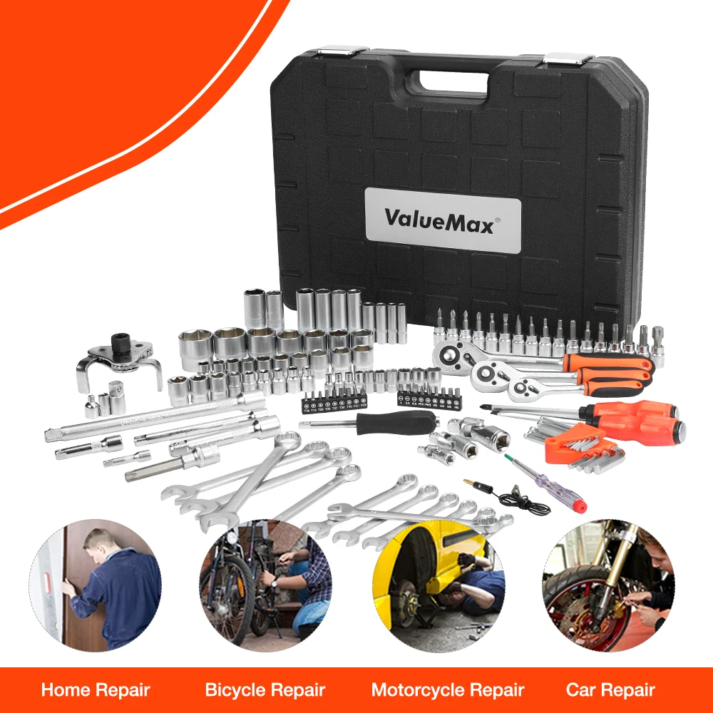 ValueMax 8-122PC Hand Tool Sets Car Repair Tool Kit Set Mechanical Tools Box for Home Socket Wrench Set Ratchet Screwdriver Kit