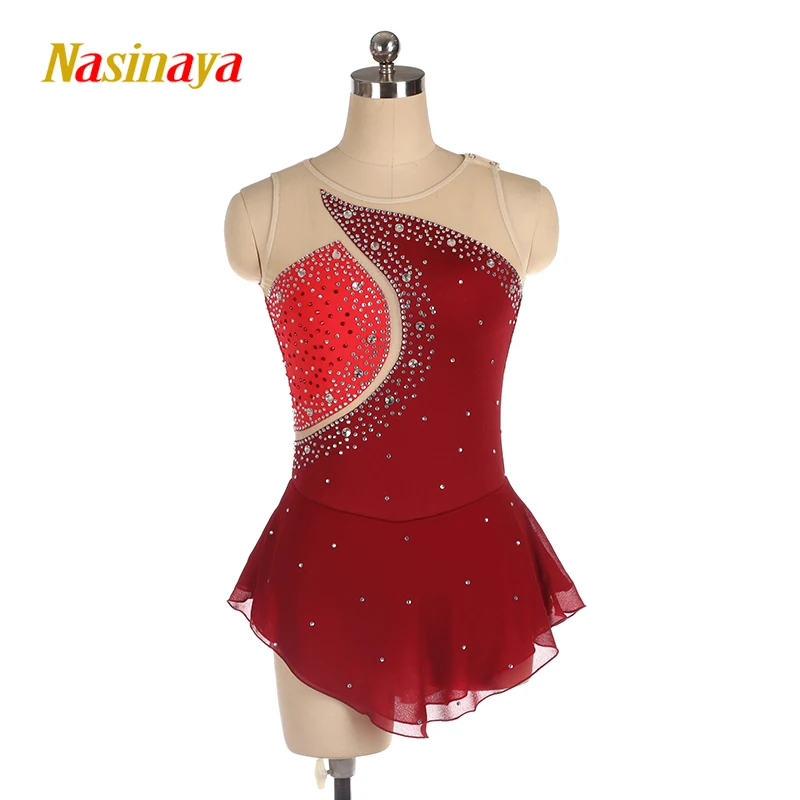 Nasinaya Figure Skating Dress Customized Competition Ice Skating Skirt for Girl Women Kids Performance 2 pieces Wine Red