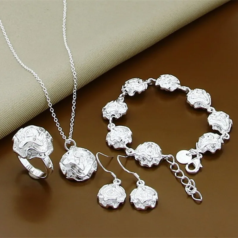 925 Sterling Zilveren Prachtige Rose Bloem Ketting Armbanden Oorring Set Voor Vrouwen Trouwfeest Sieraden Geschenken