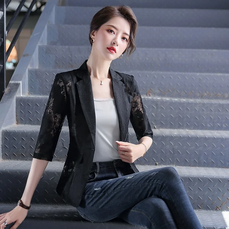 Women Fashion Patchwork Chiffon Lace Printed Short Suit Jacket Office Ladies Summer Hollow Out Thin Section Elegant Blazers Tops