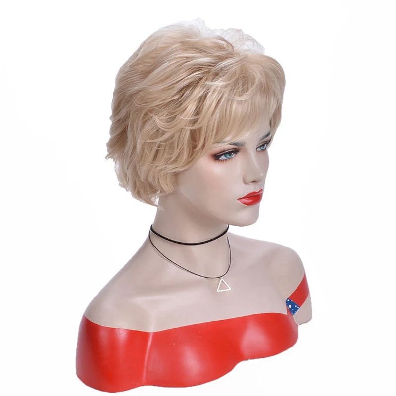 Ladies Short Blonde Curly Wig With Side Part Bangs Synthetic Wig For Women Daily Party Use