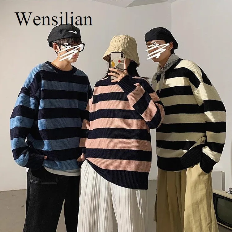 Autumn Knitted Striped Sweater Women Pullovers Casual Pullovers Green Oversized Sweater Jumper Teen Gril Streetwear Fall Sweater