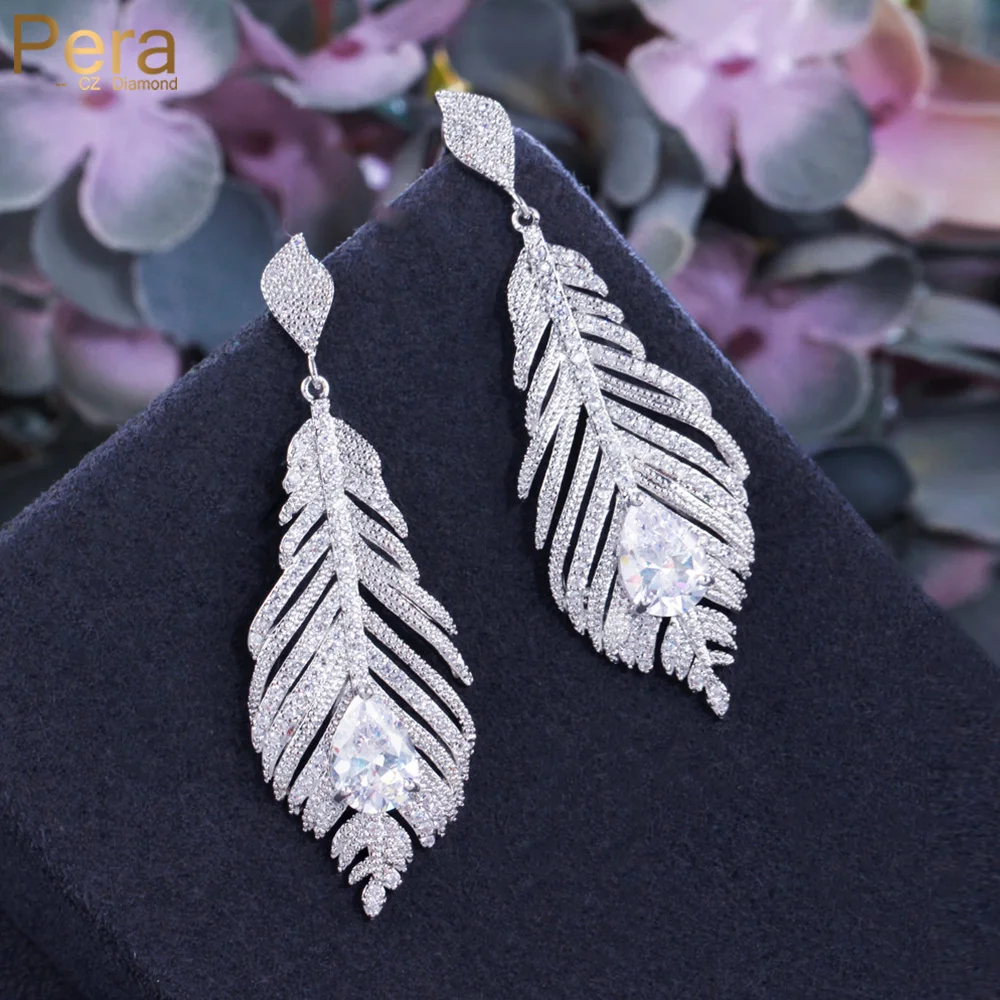 Pera Stylish Long Big Feather Shape Sparkling CZ Zircon Silver Color Dangle Earrings Wedding Jewelry Accessories for Women E831