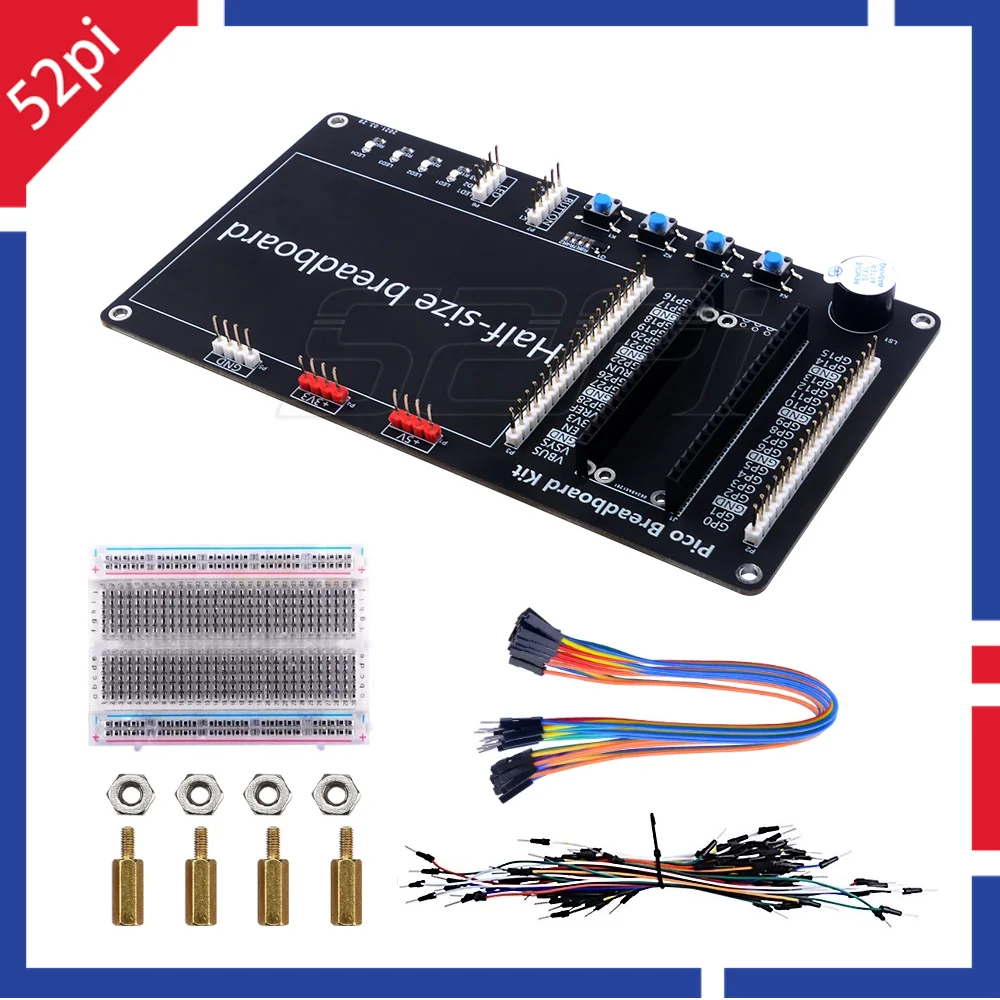 

Raspberry Pi Pico/Pico W Breakout Breadboard Kit Built-In LED lights Buttons Buzzer Half-size Breadboard